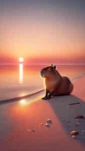 A serene 1440x2560 pixel vertical wallpaper depicts a capybara sitting on a sandy beach at sunset. The sky is a gradient of soft oranges and pinks, with the setting sun reflecting on the calm water, creating a peaceful and warm atmosphere. This beautiful image serves as an excellent 4K capybara wallpaper for iPhone and Android.