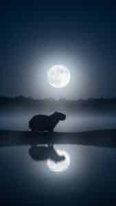 A tranquil 1440x2560 pixels capybara wallpaper, ideal for 4K iPhone or Android capybara wallpapers. A silhouetted capybara stands at the edge of a calm lake under a large, glowing full moon. The moonlight casts a clear reflection of both the capybara and the moon on the water's surface, with misty hills in the background creating a serene nighttime landscape.