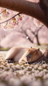 A charming 1440x2560 pixel vertical wallpaper features a capybara peacefully sleeping under a cherry blossom tree. Pink and white petals are scattered on the grass around the capybara, and more blossoms hang from the branches above, creating a dreamy and tranquil scene. Ideal for a cute 4K capybara wallpaper on iPhone and Android.