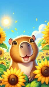 A vertical 1440x2560 pixel capybara wallpaper. This 4K capybara wallpaper for iPhone and Android features a capybara in a field of vibrant yellow sunflowers during sunset or sunrise, with warm orange light illuminating the scene and distant hills.