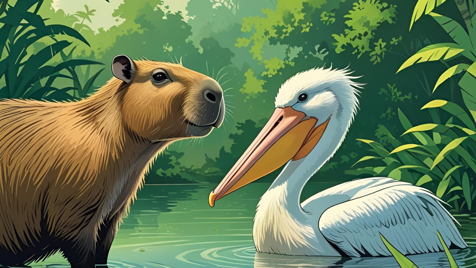 A capybara is standing in shallow water on the left, looking directly at a pelican floating in the water to its right. Both animals appear to be observing each other thoughtfully. The background is a dense, lush green jungle with dappled light.