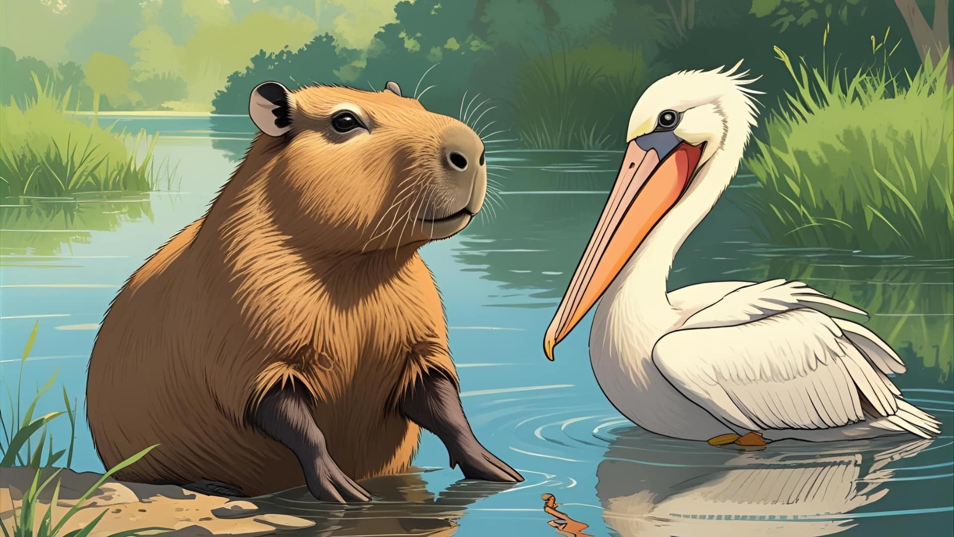 A capybara is partially submerged in water on the left, looking towards a pelican floating on the water to its right. The capybara has a calm, curious expression, while the pelican also appears tranquil. Lush green vegetation and a clear sky are in the background, suggesting a serene natural setting.