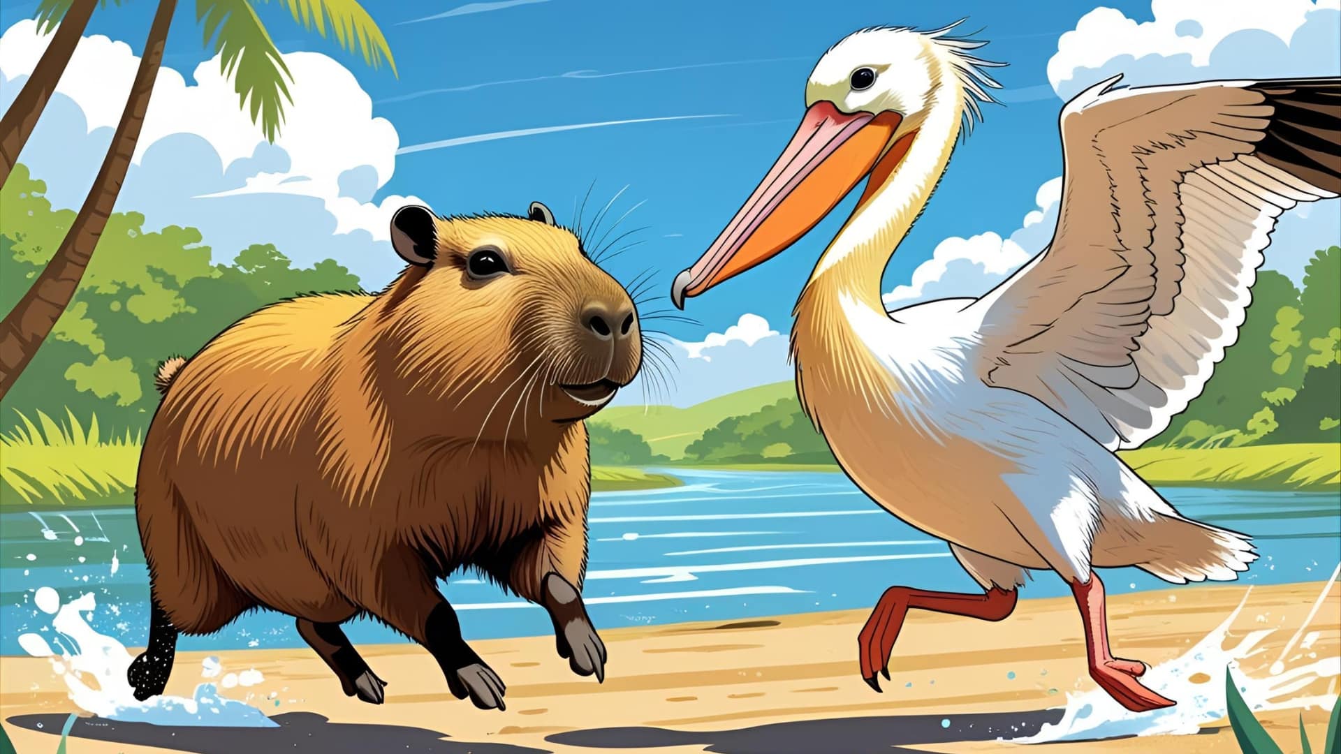A capybara is running through shallow water on the left, kicking up splashes with its back legs. It's looking towards a pelican on the right, which is also running and splashing through the water. Both animals are on what appears to be a sandy bank near a body of water, with palm trees and green foliage in the sunny background.