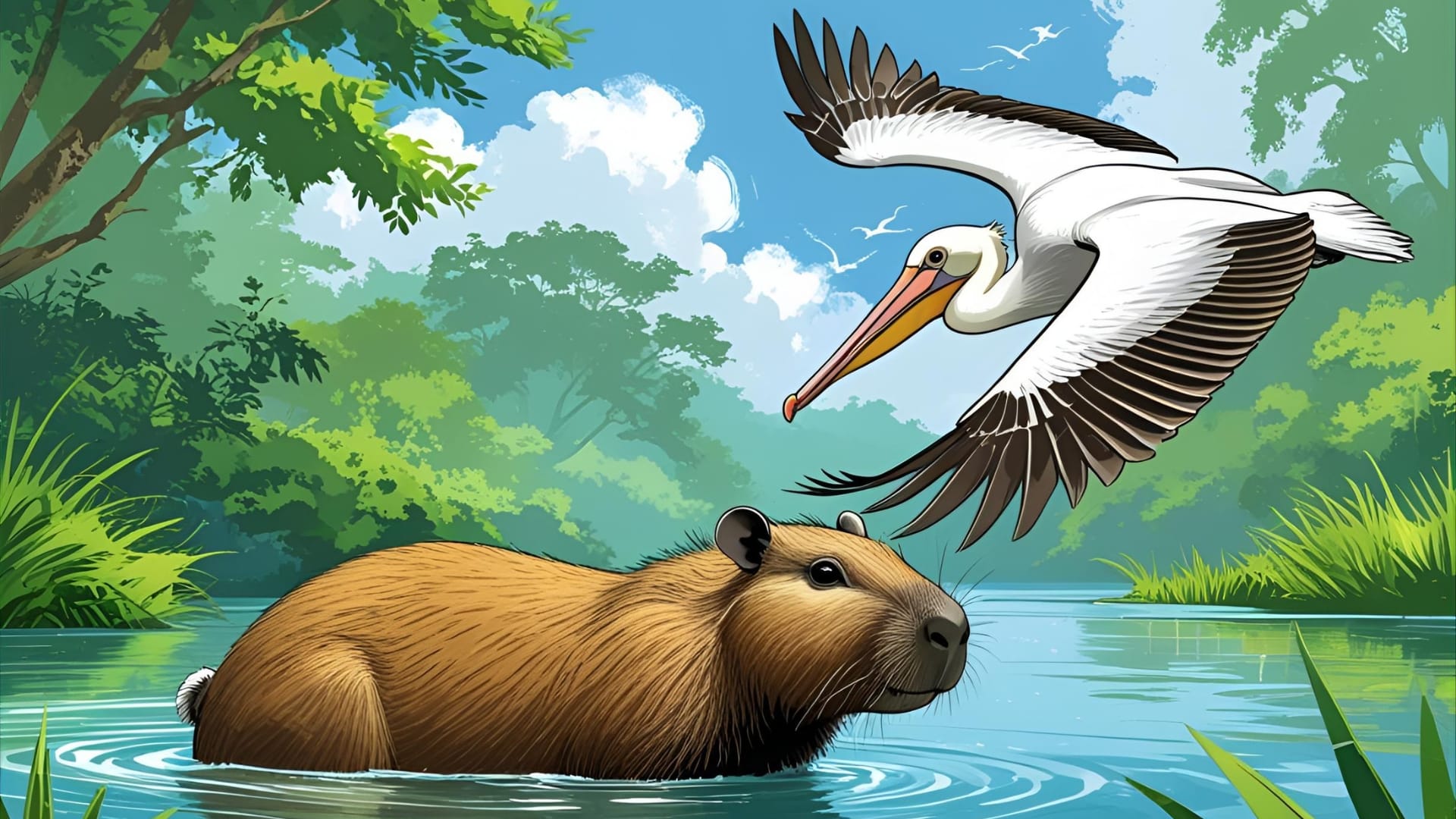 A large capybara is submerged up to its shoulders in water on the left, looking forward with a relaxed expression. Above and to the right of the capybara, a pelican is in mid-flight with its wings spread wide, appearing to descend towards the water. The background features a vibrant green jungle and a bright blue sky with white clouds.