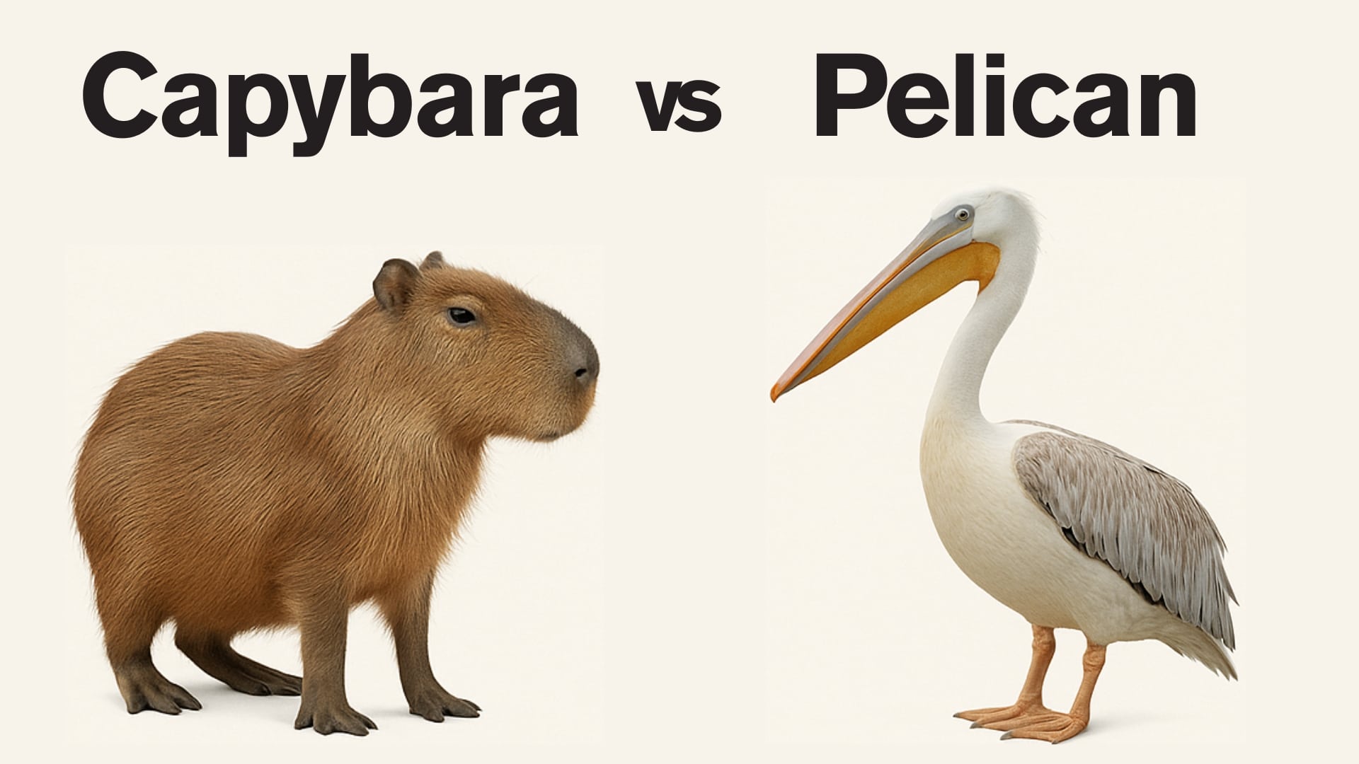 A comparison image featuring a capybara on the left and a pelican on the right, both facing forward. The background is off-white, with a black vertical dividing line between the two animals. Bold black text at the top reads "Capybara vs Pelican." The capybara has brown fur and a rounded body, while the pelican has a large orange bill and white feathers with gray wings.