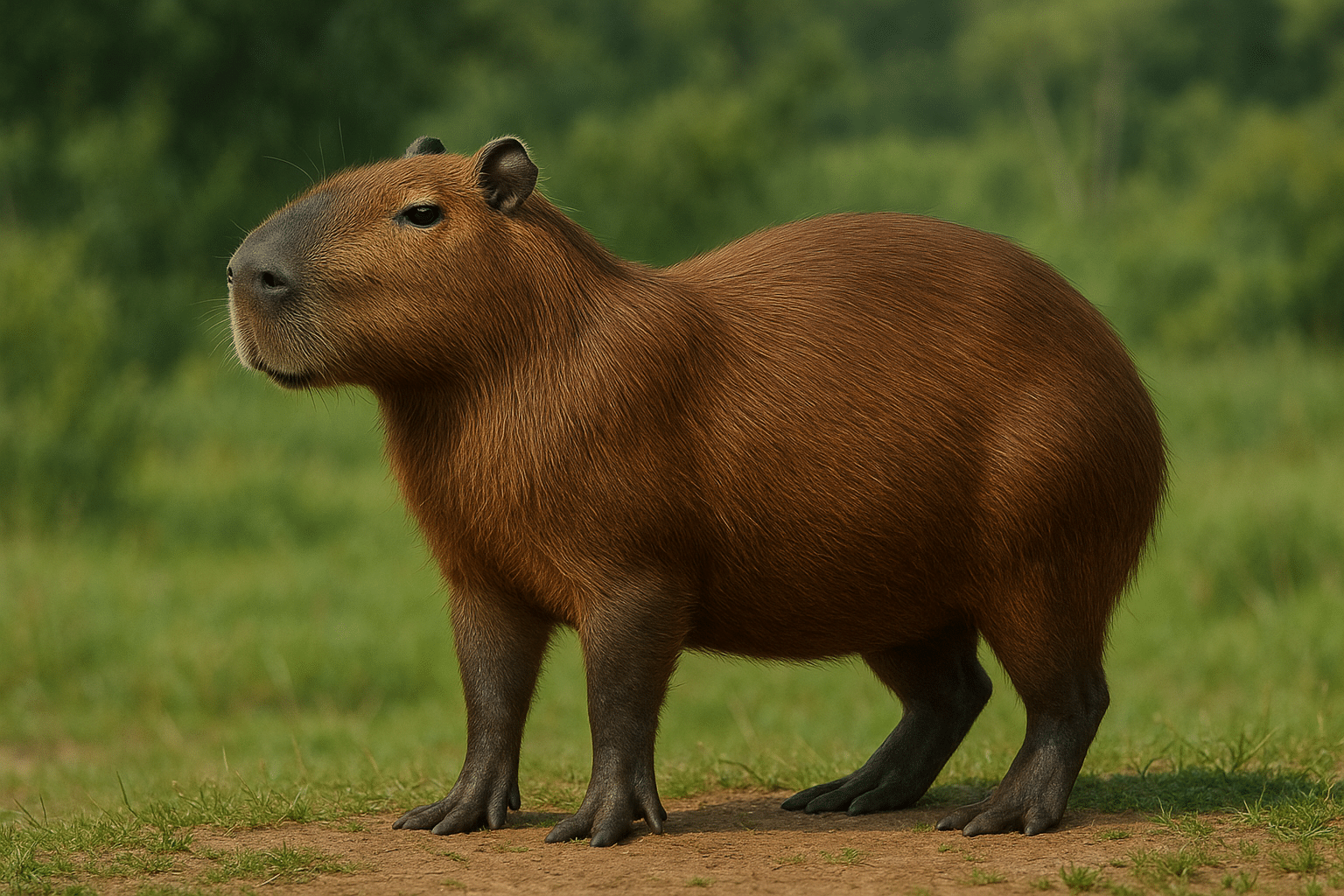 A full-body, side view portrait of a capybara standing in a lush green field. The capybara has reddish-brown fur, a blocky head, and short legs, with a background of out-of-focus green foliage.