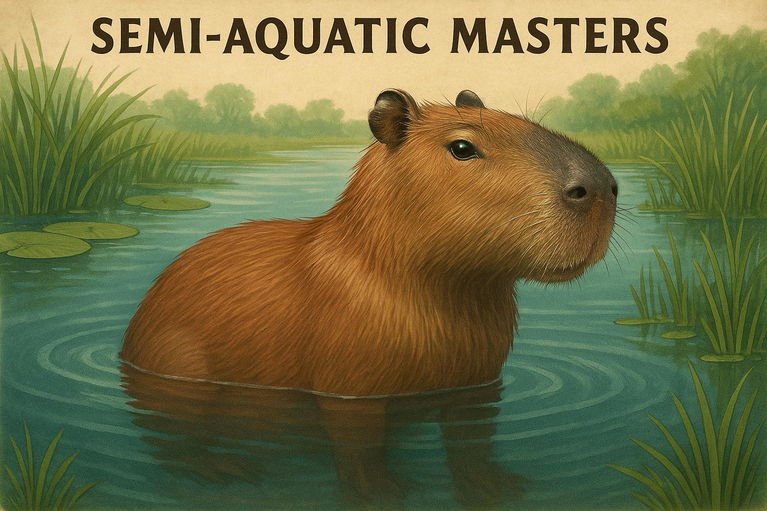 An illustration of a capybara partially submerged in a body of water, with its head and upper body visible. The water is surrounded by reeds and lily pads, highlighting its semi-aquatic nature.