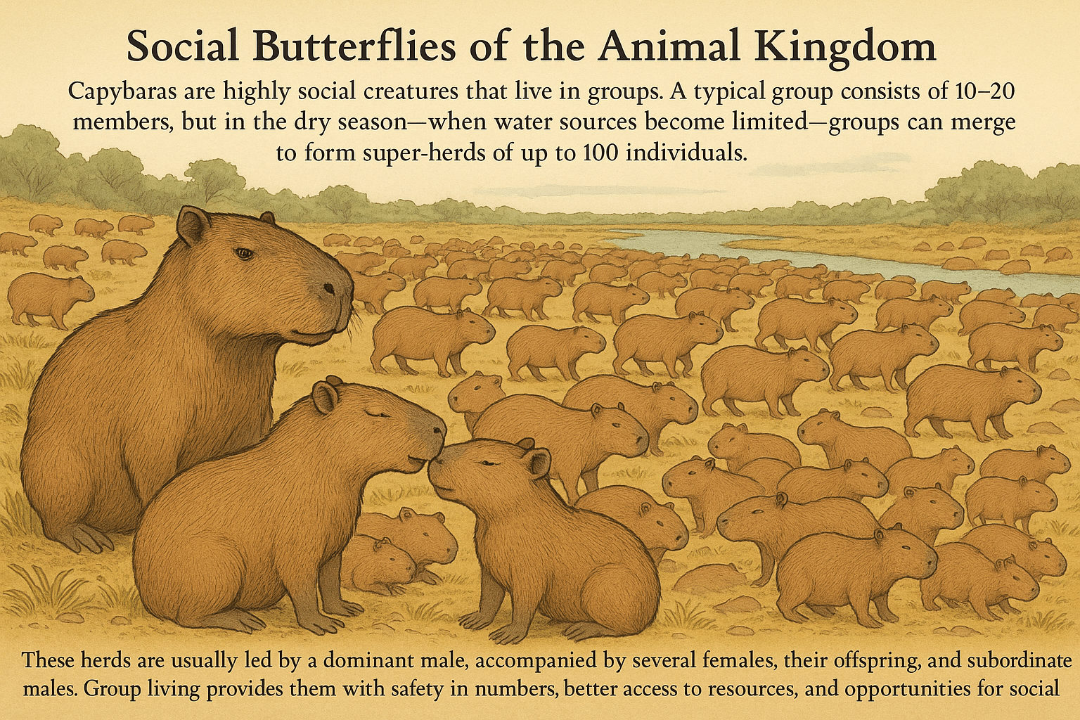 An illustration of a large group of capybaras gathered in a grassy, open field. A few larger capybaras are prominent in the foreground, with many others, including several smaller ones, scattered across the landscape leading to a body of water in the background. The text "Social Butterflies of the Animal Kingdom" is at the top.