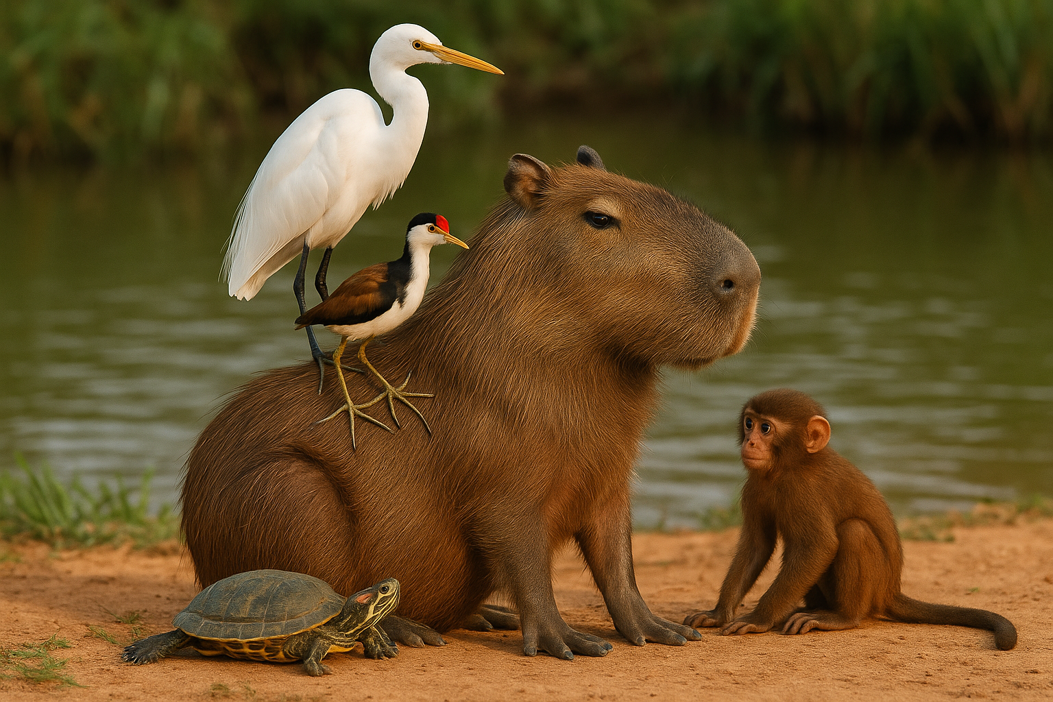 A photograph of a capybara sitting on the bank of a lake, surrounded by other animals. A large white egret and a smaller jacana bird are standing on its back, a small monkey sits next to it, and a turtle is on the ground nearby.