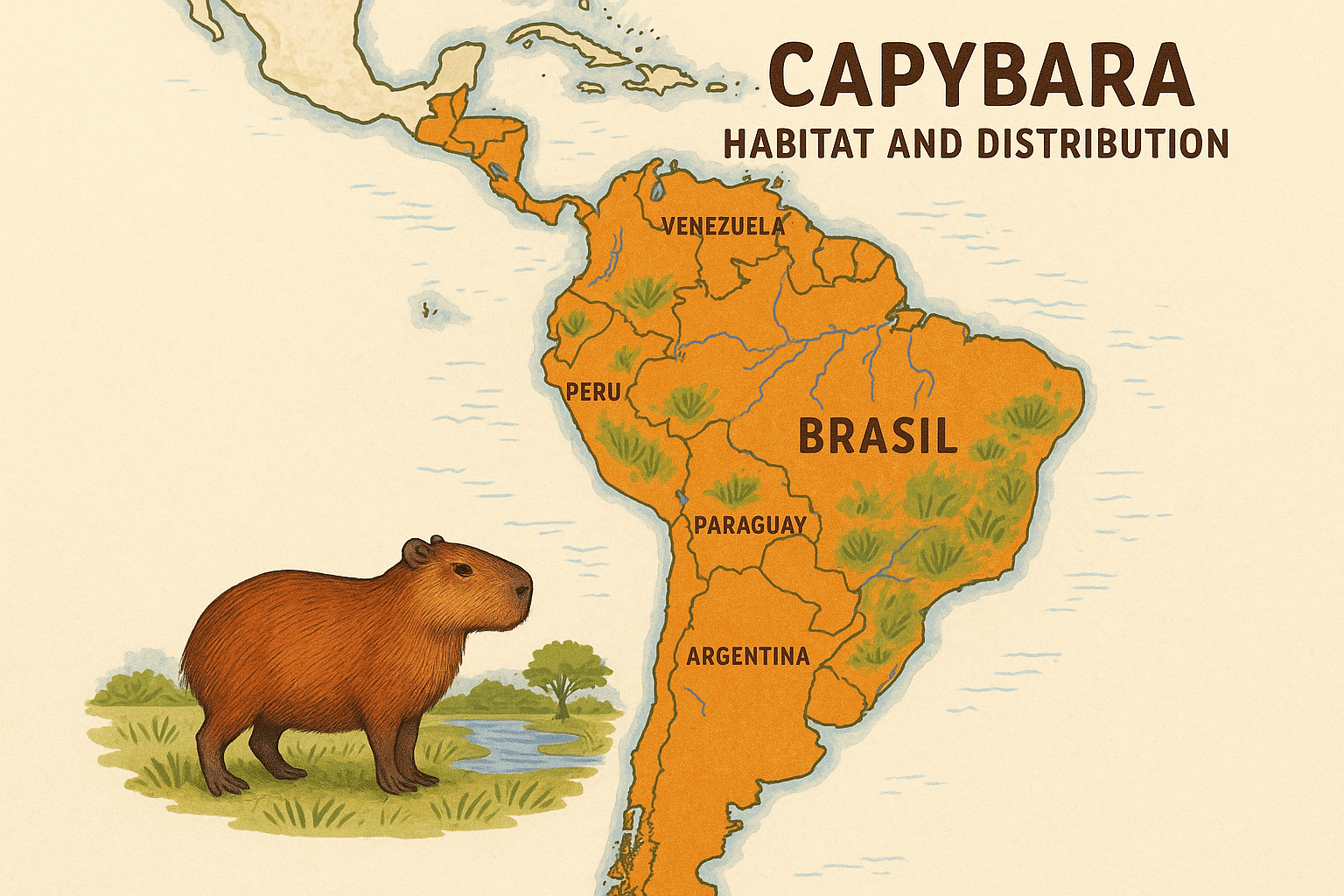 An illustration showing a map of South America with a capybara standing in the foreground next to a small body of water. The countries where capybaras are found, including Brasil, Venezuela, Peru, Paraguay, and Argentina, are highlighted in orange on the map.