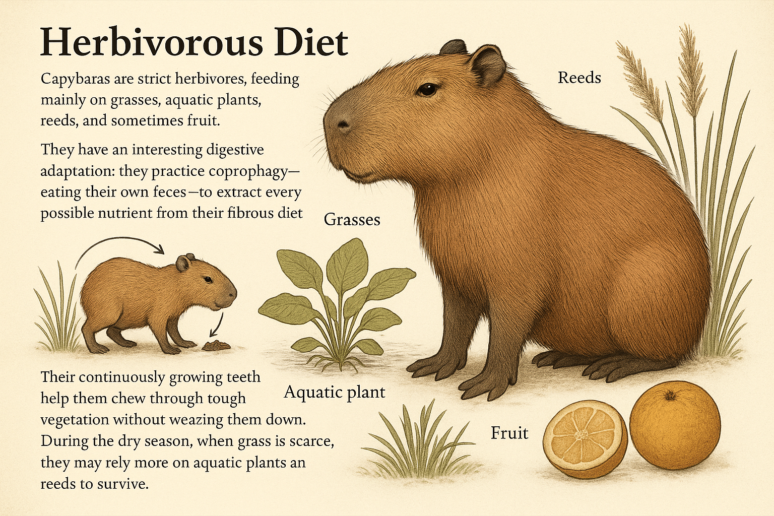 An illustration depicting a capybara eating in a field. The image shows its primary diet: various grasses, reeds, an aquatic plant, and fruit, with an inset drawing of a smaller capybara practicing coprophagy. The title "Herbivorous Diet" is at the top.