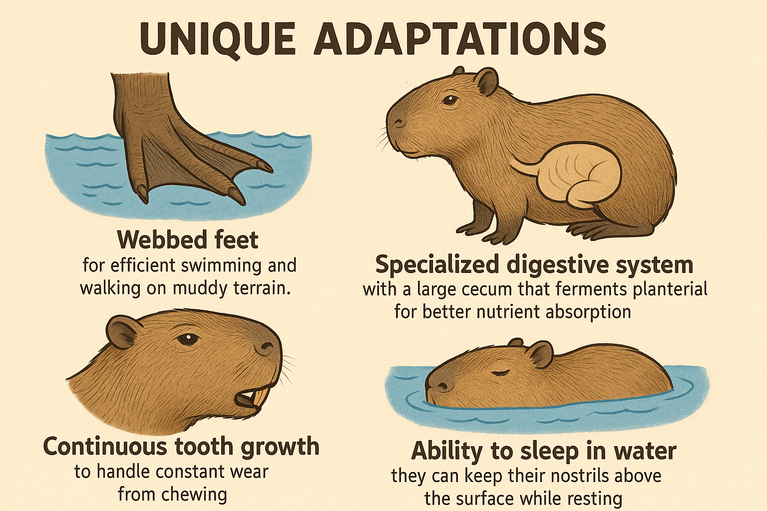 A four-panel illustration detailing unique capybara adaptations. The panels show their webbed feet, a diagram of their specialized digestive system with a large cecum, a close-up of their continuously growing teeth, and a capybara sleeping in water with its nostrils above the surface.