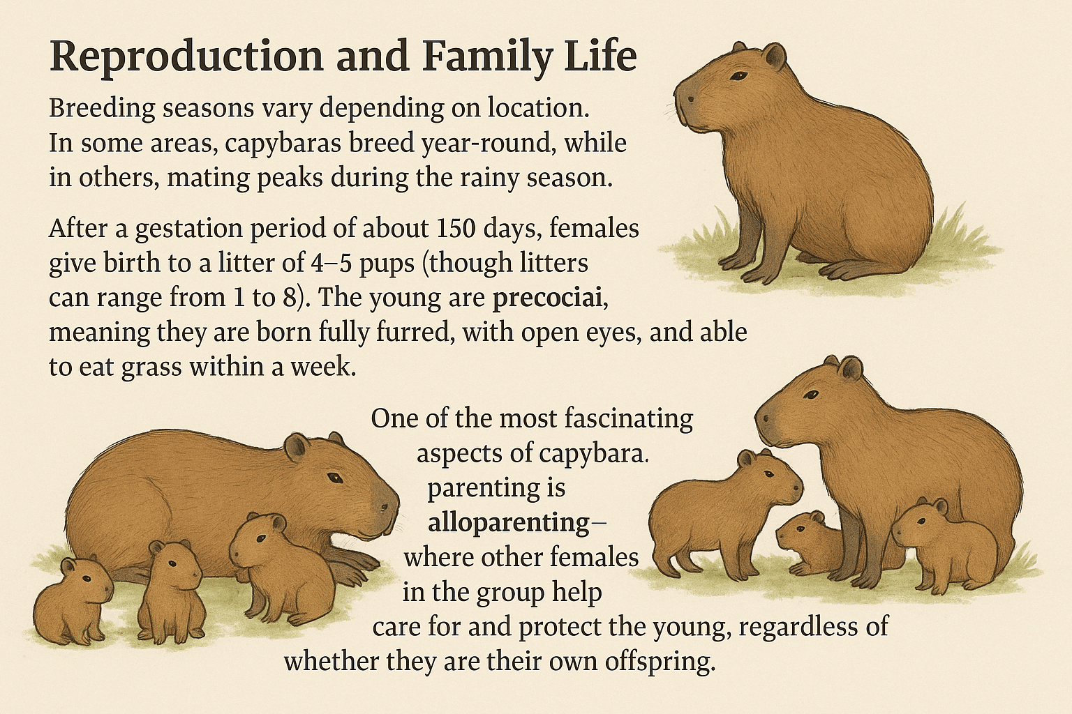An illustration about capybara family life. The top panel shows a mother capybara and her pups. The bottom panel illustrates "alloparenting," with multiple adult females caring for a group of young capybaras. The text explains their reproduction and the unique behavior of alloparenting.
