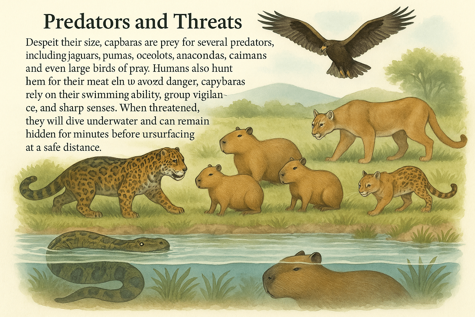 An illustration showing various predators of the capybara, including a jaguar, a puma, a caiman, an anaconda, and a bird of prey. A group of capybaras is pictured in the middle, and a capybara is shown submerged in water to evade threats, highlighting their survival tactics.