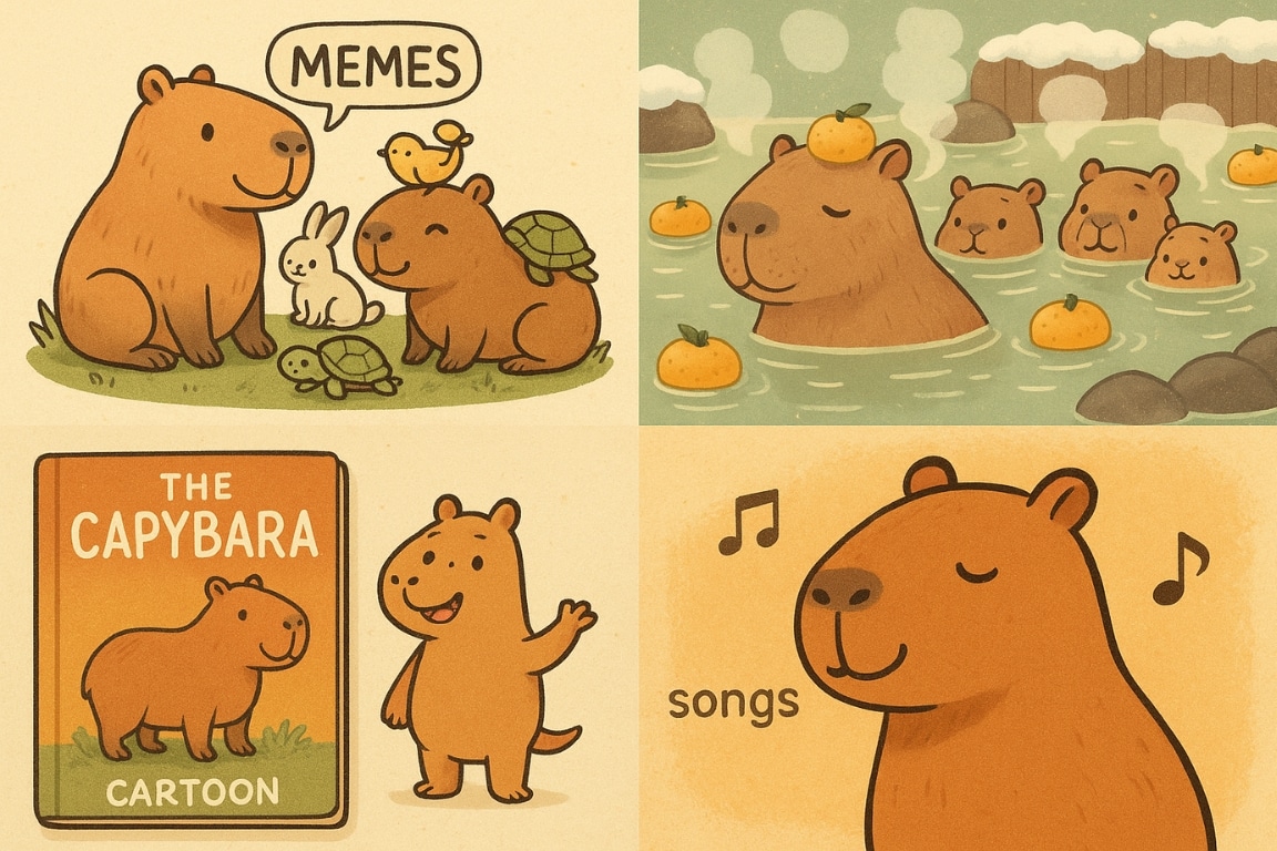A four-panel illustration showing how capybaras have become an internet cultural phenomenon. The top left panel shows a capybara with a bird on its head and a rabbit and two turtles nearby, with the word "memes." The top right panel shows capybaras in a hot spring with oranges on their heads. The bottom left panel shows a capybara next to a book titled "The Capybara Cartoon." The bottom right panel shows a capybara with musical notes, labeled "songs.