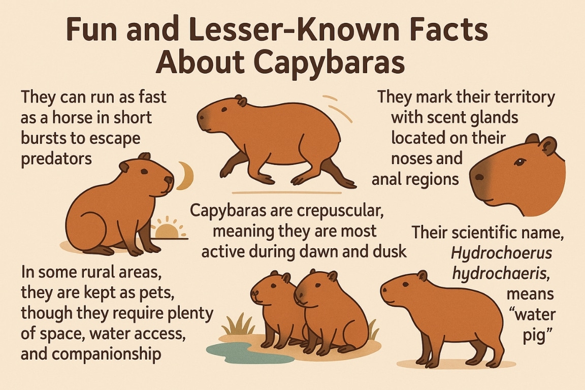 A collection of illustrated fun facts about capybaras. The images and corresponding text describe that they can run fast, mark their territory with scent glands, are crepuscular, are sometimes kept as pets, and have a scientific name that means "water pig.