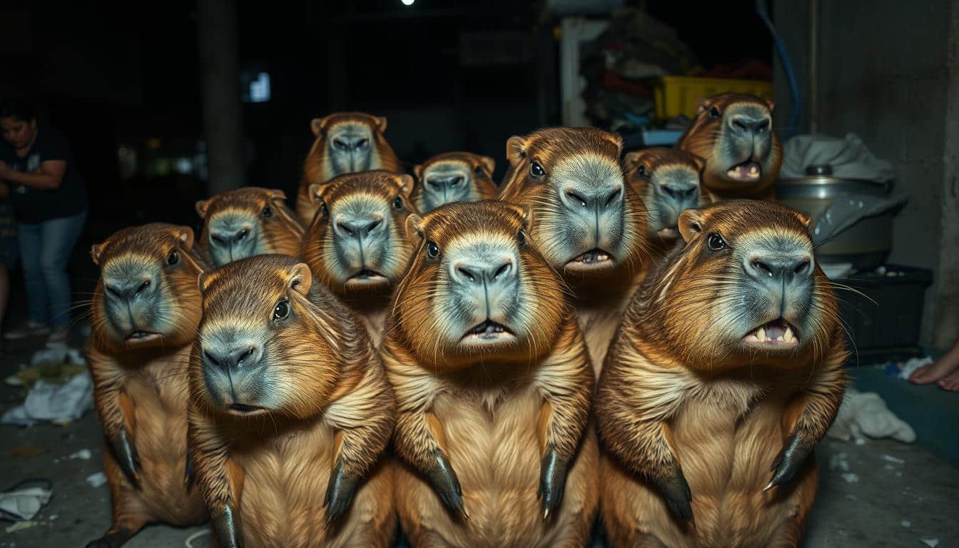 A group of capybaras with wide-eyed, slightly worried expressions are crowded together in what appears to be a dimly lit, indoor space, with a person's legs visible in the background. Their faces are all turned toward the camera.
