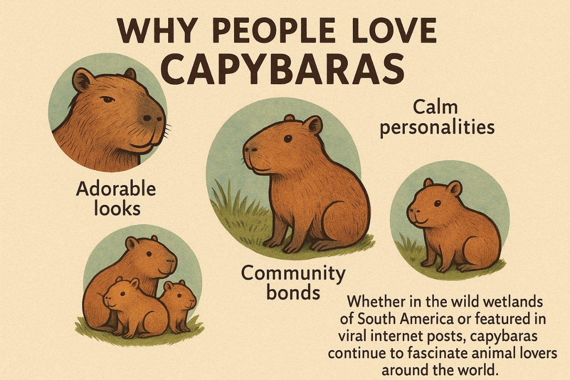 An illustration with the title "Why People Love Capybaras." It shows four circular images with captions: a portrait of a capybara labeled "Adorable looks," a single capybara labeled "Calm personalities," a mother capybara with pups labeled "Community bonds," and a paragraph of text explaining their appeal.