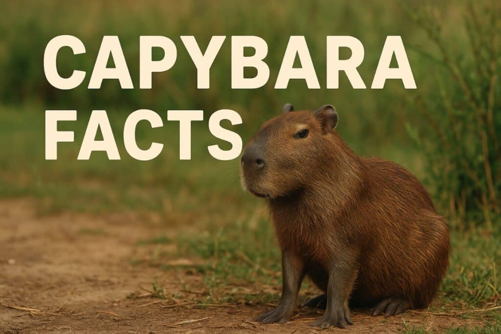 A close-up photograph of a capybara sitting on a dirt path in a grassy area. The words "CAPYBARA FACTS" are written in large, white letters over the image, suggesting a blog post or article title.
