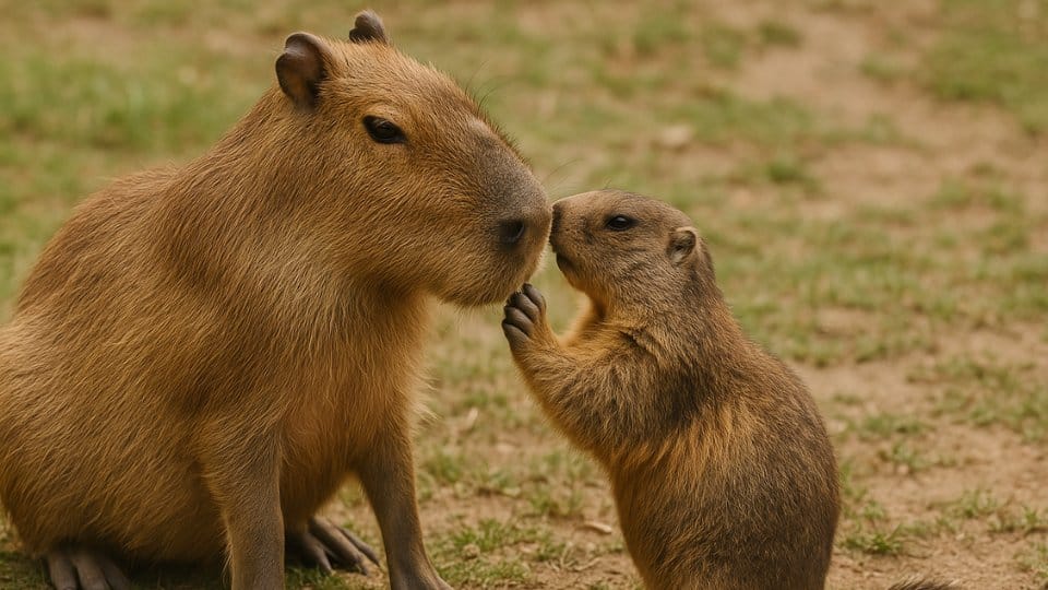A large capybara, known for its semi-aquatic and social nature, is shown in a peaceful interaction with a smaller marmot. Capybaras are the world's largest rodents and often live in groups, spending much of their time grazing near bodies of water. The marmot, a type of ground squirrel, is known for its burrowing and hibernating behaviors. The marmot's curious, upright stance and the capybara's calm demeanor suggest a moment of interspecies curiosity and gentle contact