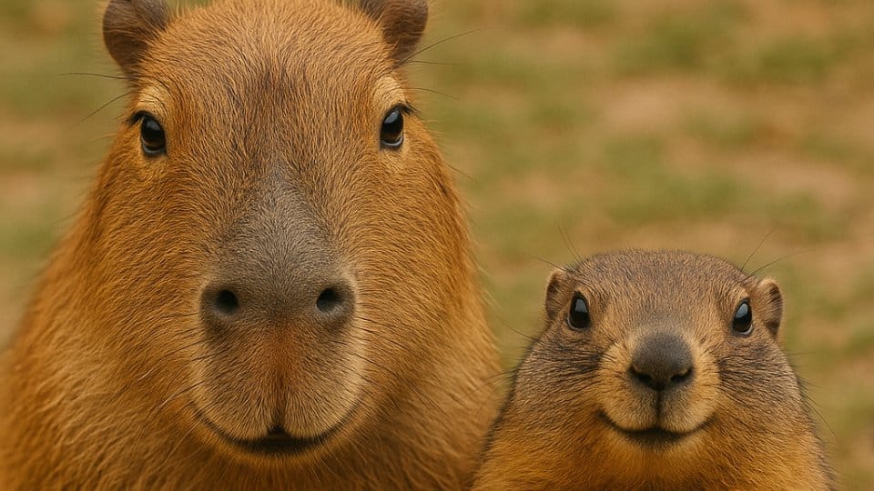 A capybara and a marmot pose together for a close-up photo. The capybara, known for its placid and easygoing nature, looks with serene, dark eyes. This reflects the animal's reputation as a docile and social creature that often shares its space with other animals. Beside it, the marmot, which is typically more cautious and alert, presents a bright-eyed, curious expression. This captures the marmot's lively and watchful personality, often seen as it stands guard near its burrow.
