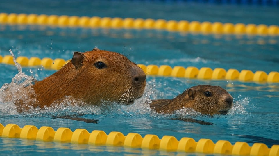 The image shows a large, semi-aquatic capybara and a smaller, land-dwelling marmot in a swimming race. The capybara, known for its strong swimming abilities and partially webbed feet, moves through the water with ease, a natural adaptation for an animal that spends much of its life near rivers and wetlands. In contrast, the marmot, while capable of swimming, is a burrowing animal more at home on land. This comparison highlights the capybara's natural aquatic prowess versus the marmot's more limited swimming ability.