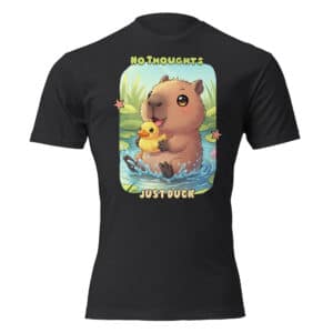 Cute cartoon capybara holding a rubber duck in a pond — funny capybara lover unisex fitted t-shirt design