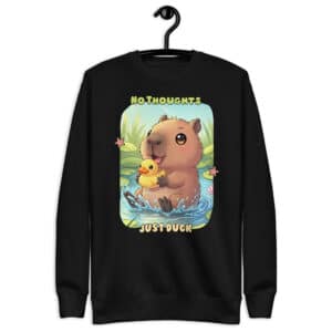 Cute capybara holding rubber duck design on a premium unisex crewneck sweatshirt — capybara lover gift
