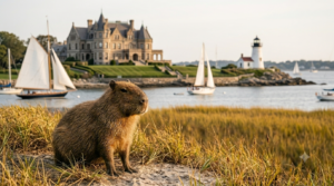A friendly capybara in front of a Rhode Island landscape