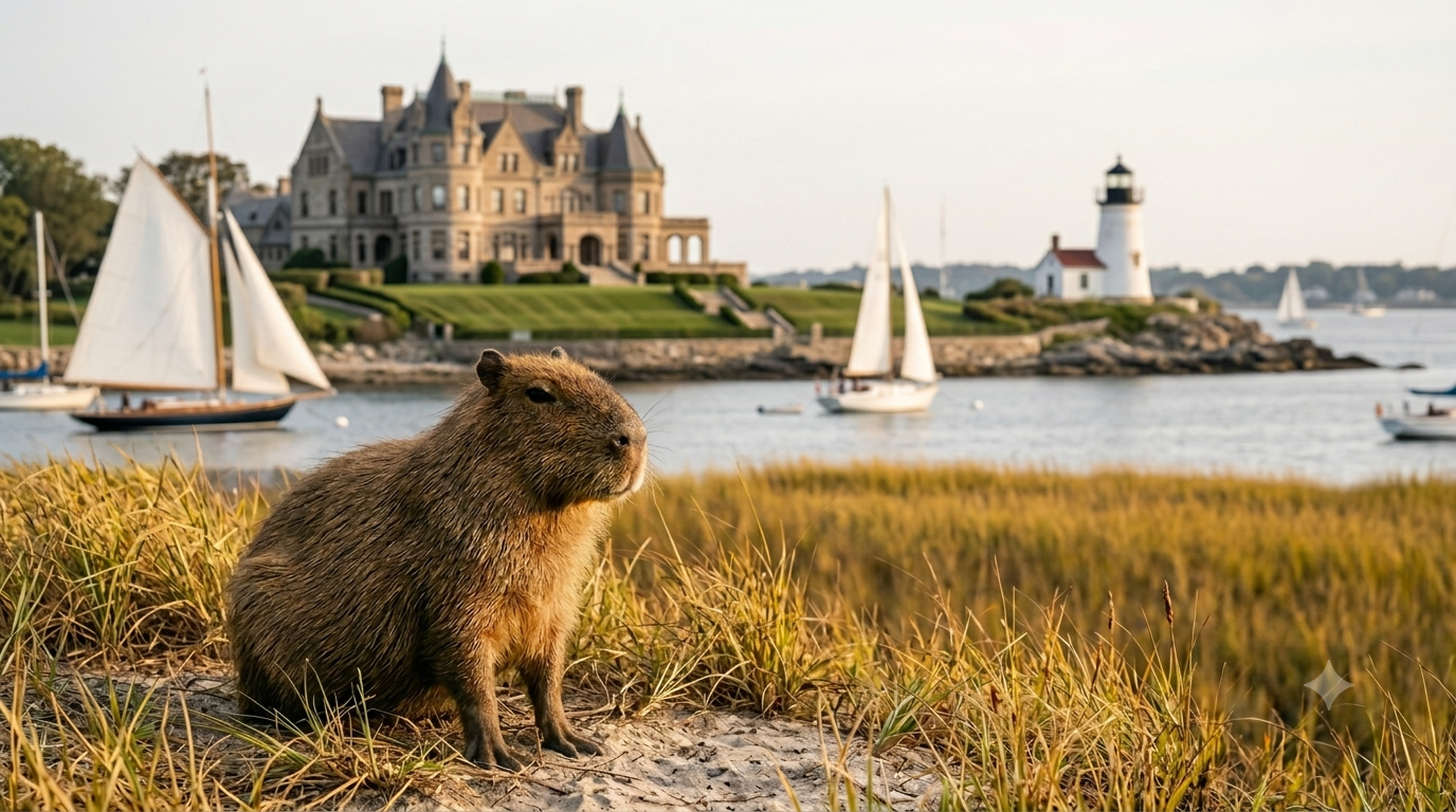 A friendly capybara in front of a Rhode Island landscape