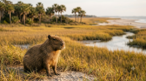 A friendly capybara in front of a South Carolina landscape