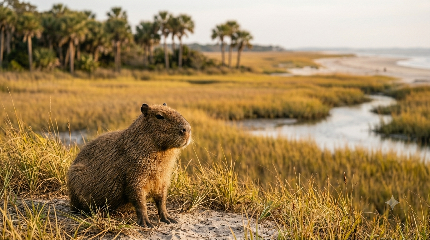 A friendly capybara in front of a South Carolina landscape