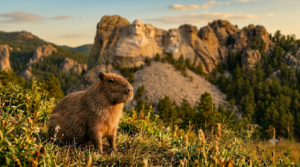 A friendly capybara in front of a South Dakota landscape