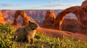 A friendly capybara in front of a Utah landscape