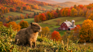 A friendly capybara in front of a Vermont landscape
