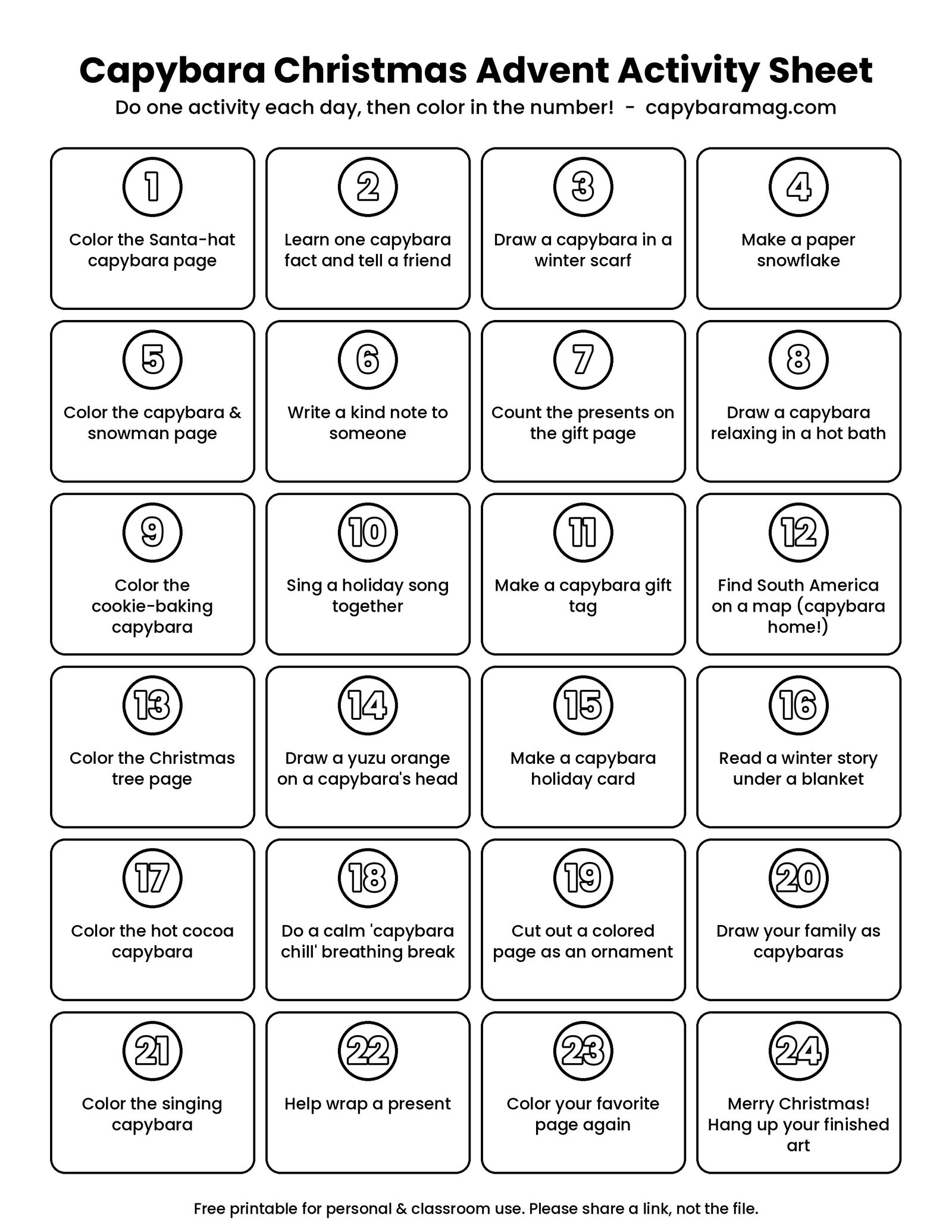 Capybara Christmas advent activity sheet printable with 24 daily activities