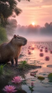 Lotus Pond Sunrise capybara 4K phone wallpaper 2160x3840