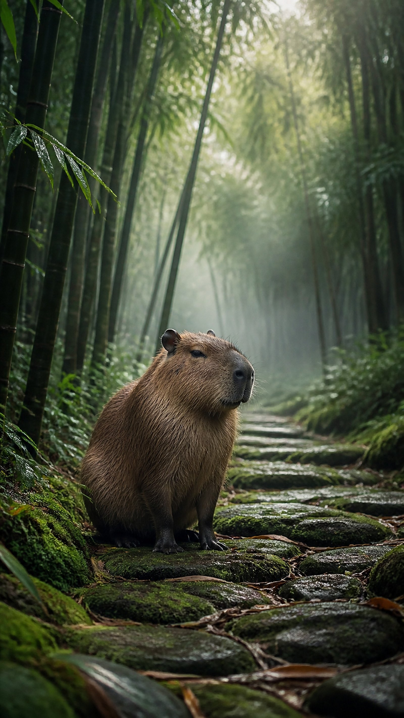 4K Capybara Wallpaper: Misty Bamboo Forest Zen Phone Background