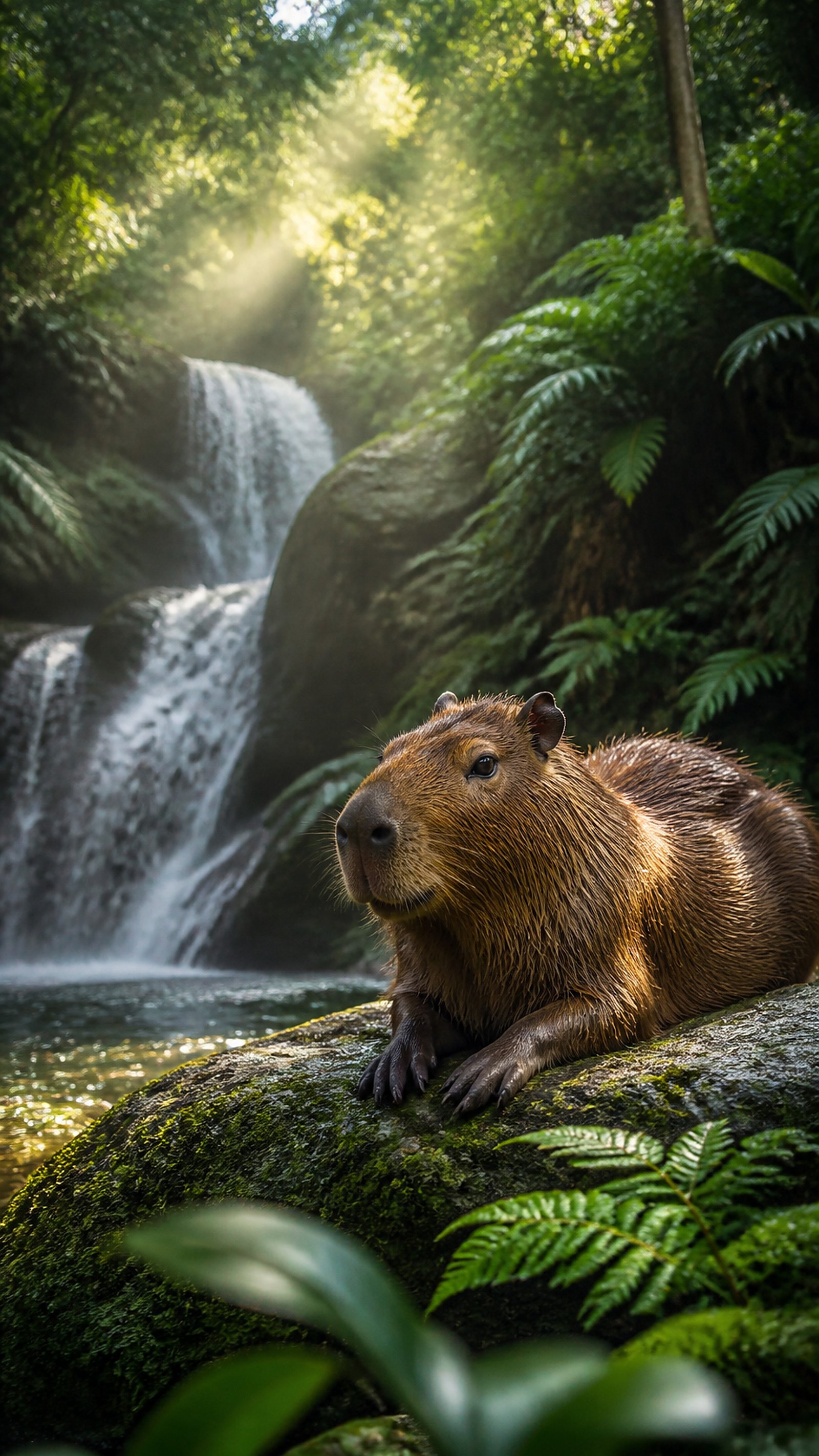 4K Capybara Wallpaper: Rainforest Waterfall Nature Phone Background