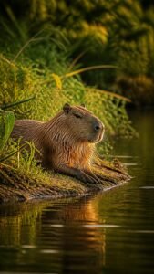 Golden Hour Riverbank Phone Background - capybara 4K wallpaper 2160x3840