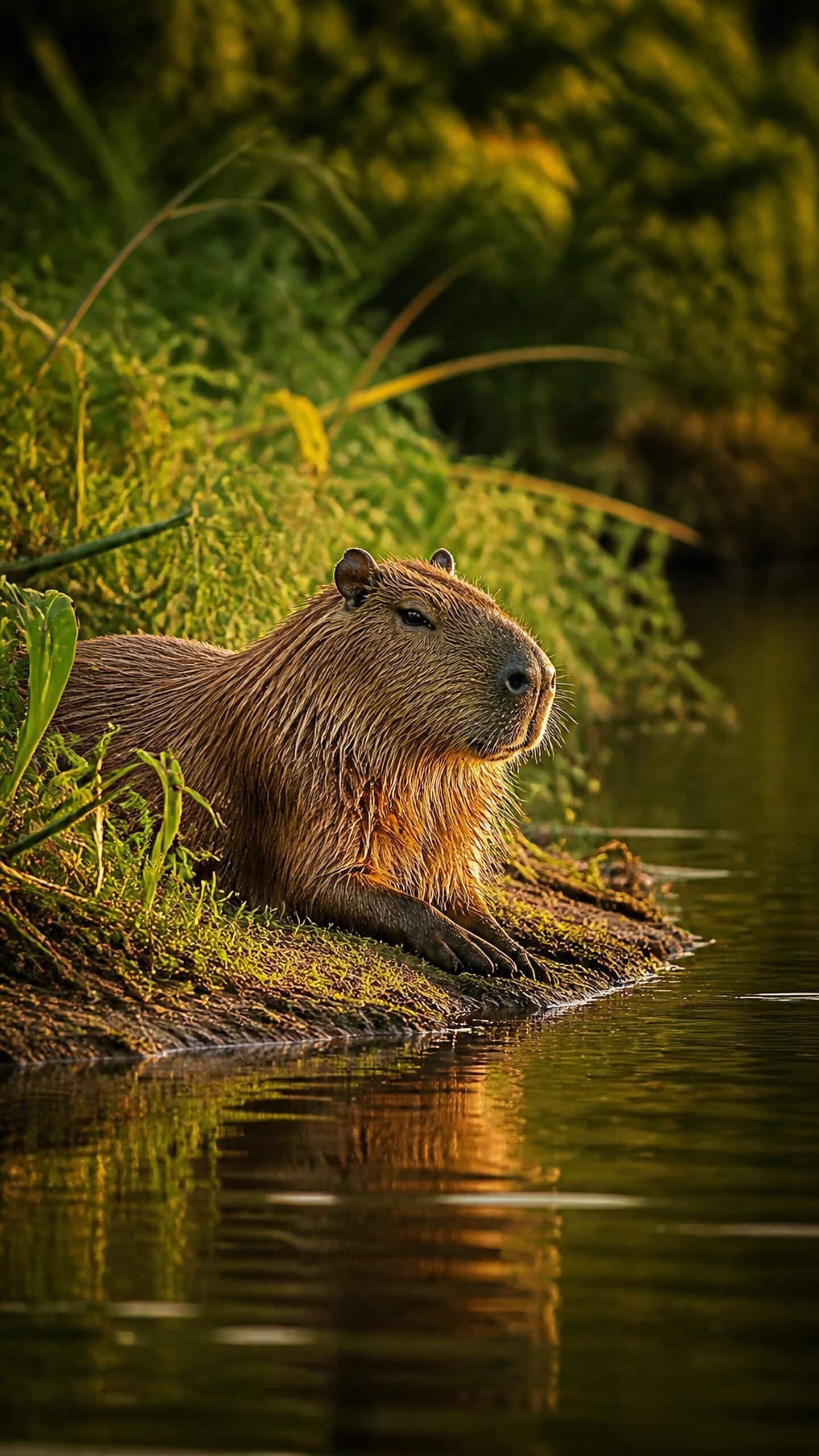 4K Capybara Wallpaper: Golden Hour Riverbank Phone Background