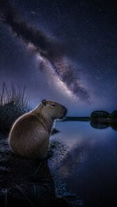 Starry Night Lake capybara 4K phone wallpaper 2160x3840