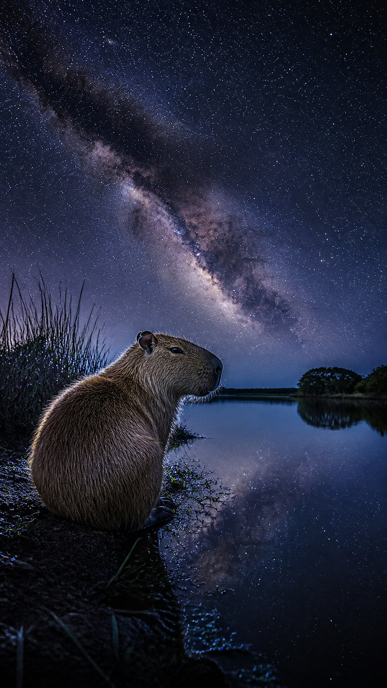 4K Capybara Wallpaper: Starry Night Lake Phone Background
