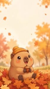 Autumn Leaves capybara 4K phone wallpaper 2160x3840