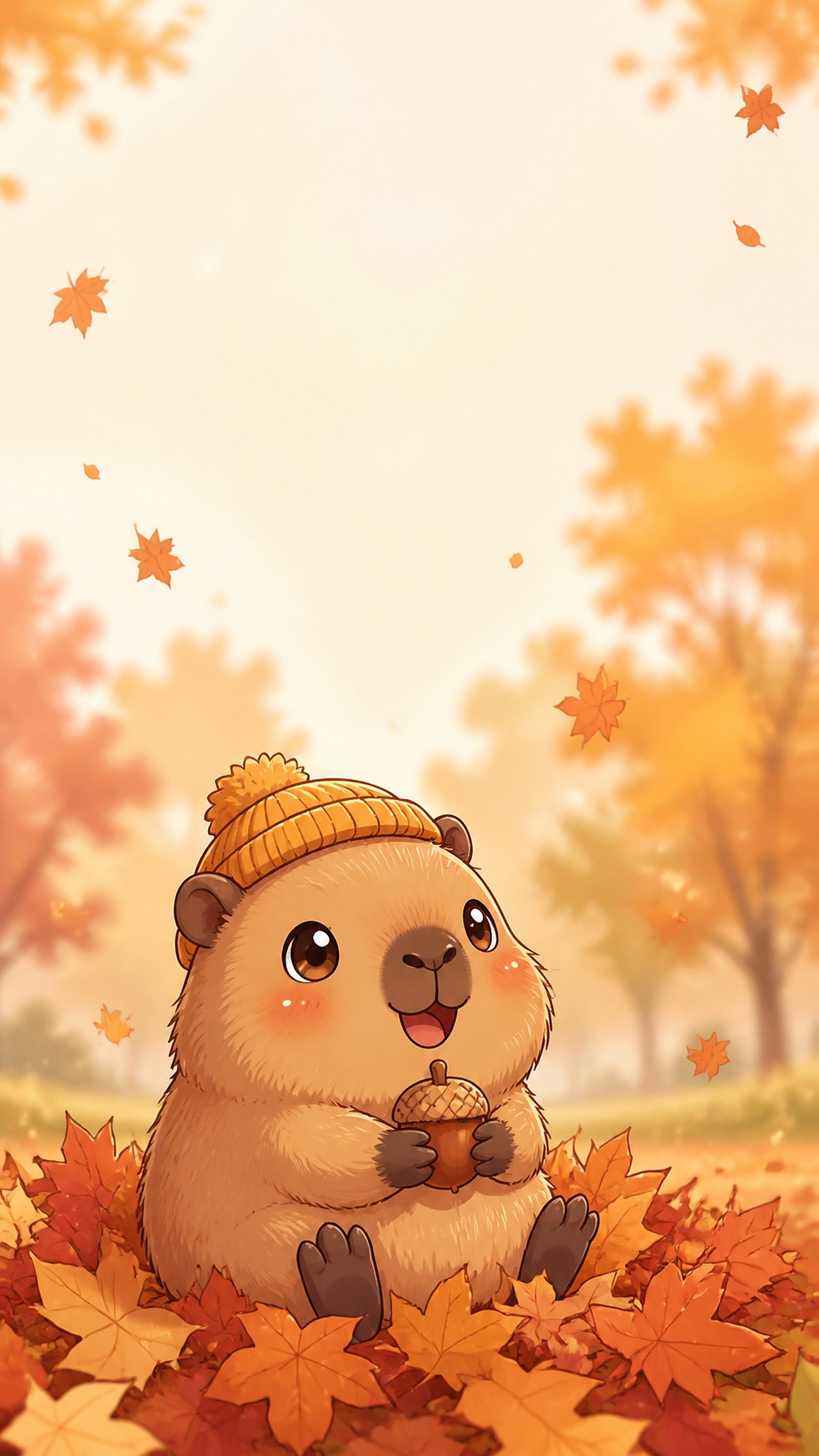 Capibara Animada Cute: Autumn Leaves 4K Phone Wallpaper
