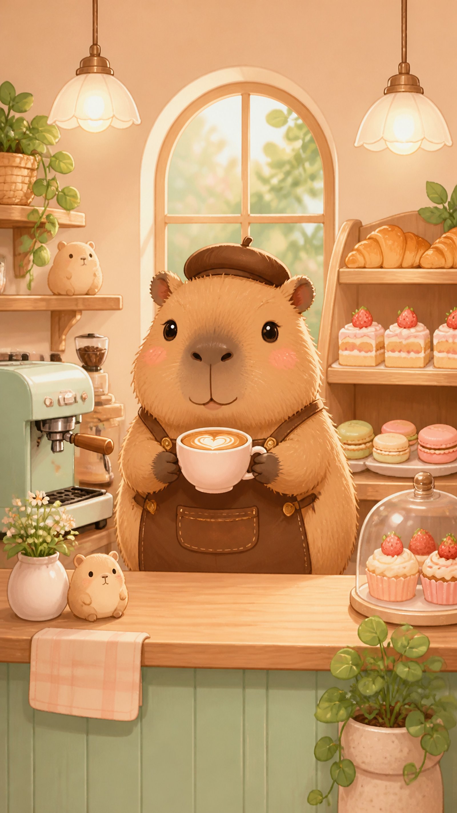 Capibara Animada Cute: Cozy Cafe Barista 4K Phone Wallpaper