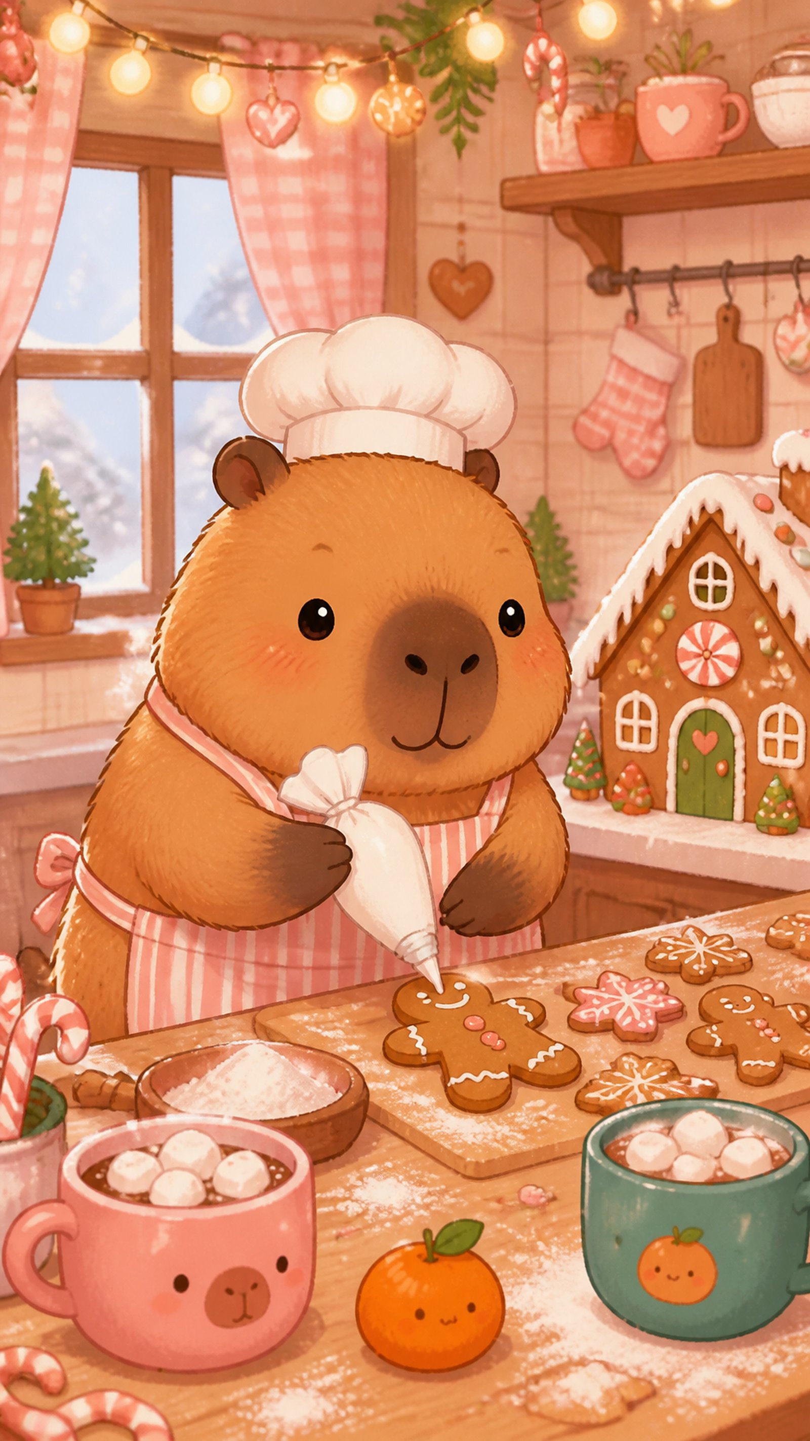 Capibara Animada Cute: Gingerbread Baking Christmas 4K Phone Wallpaper