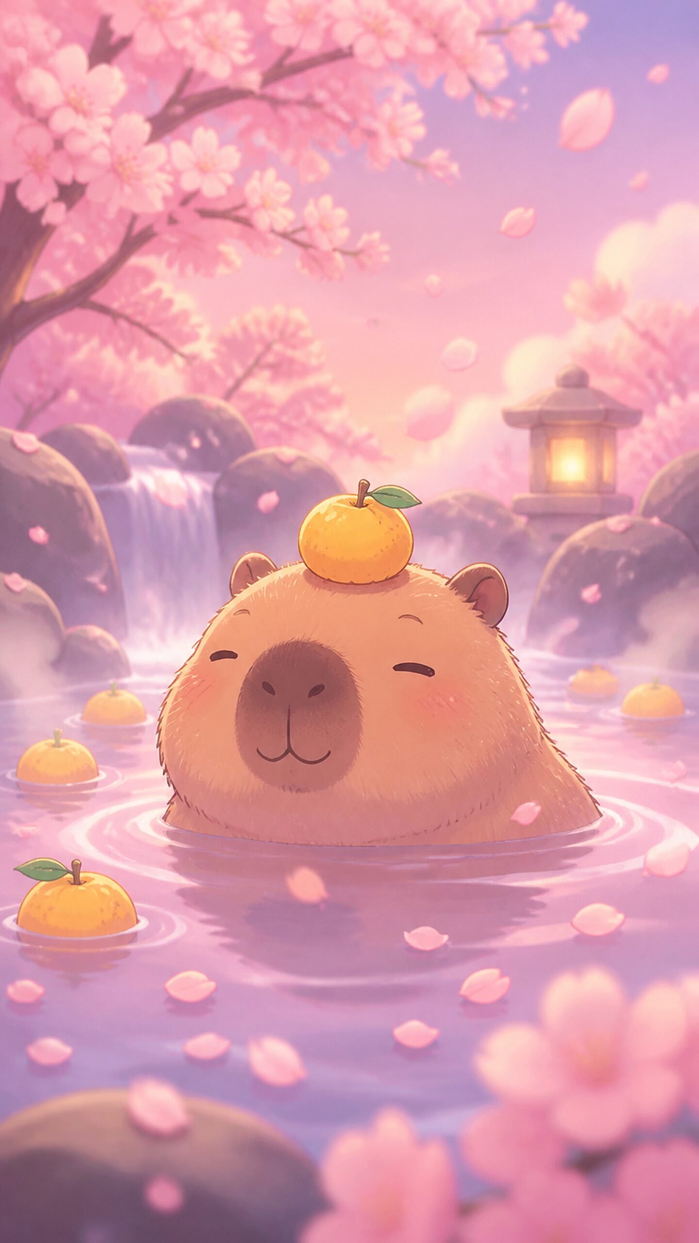 Capibara Animada Cute: Hot Spring Yuzu 4K Phone Wallpaper
