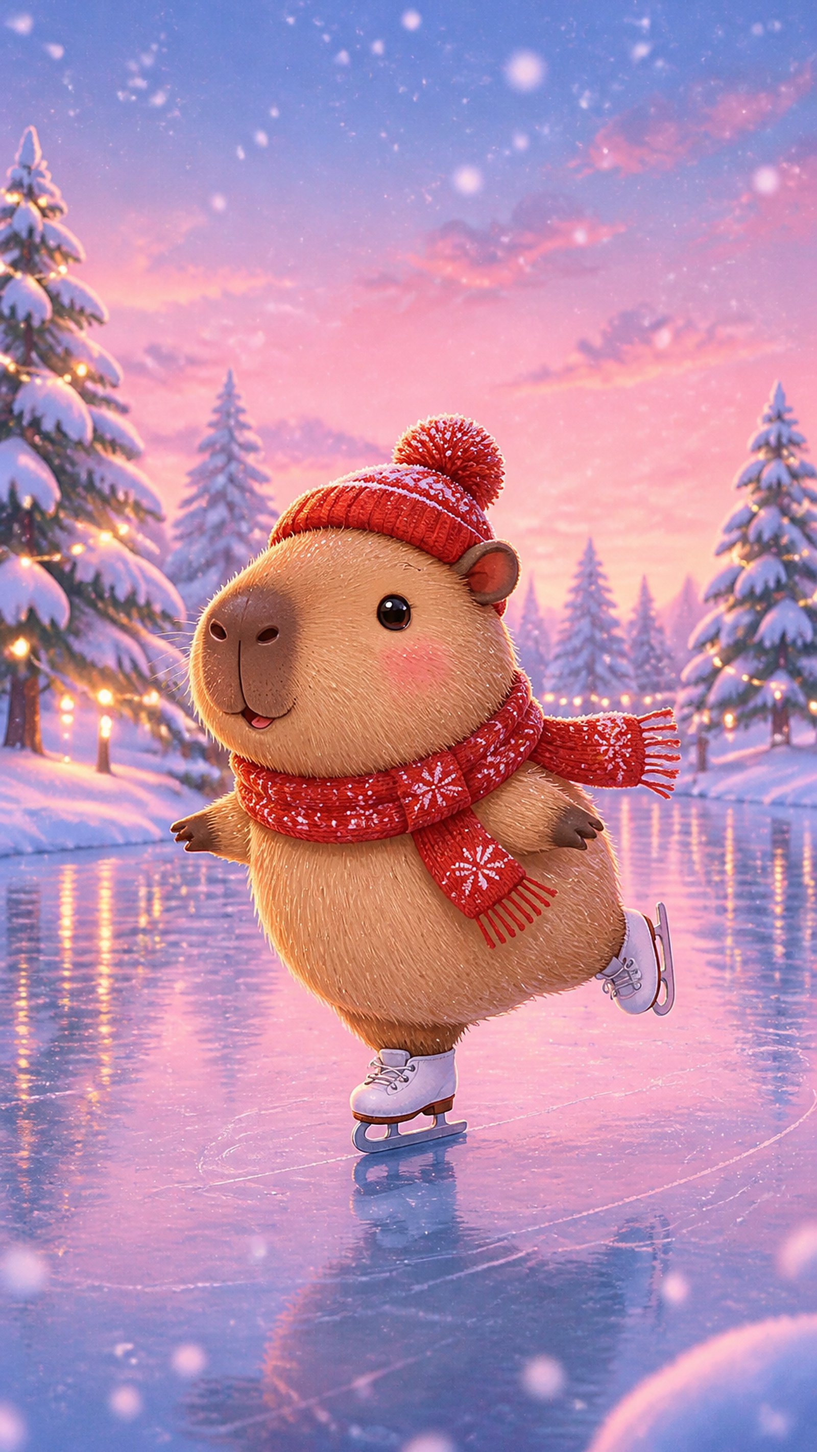Capibara Animada Cute: Winter Ice Skating 4K Phone Wallpaper