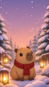 Capibara Animada Cute: Snowy Forest 4K Phone Wallpaper wallpaper